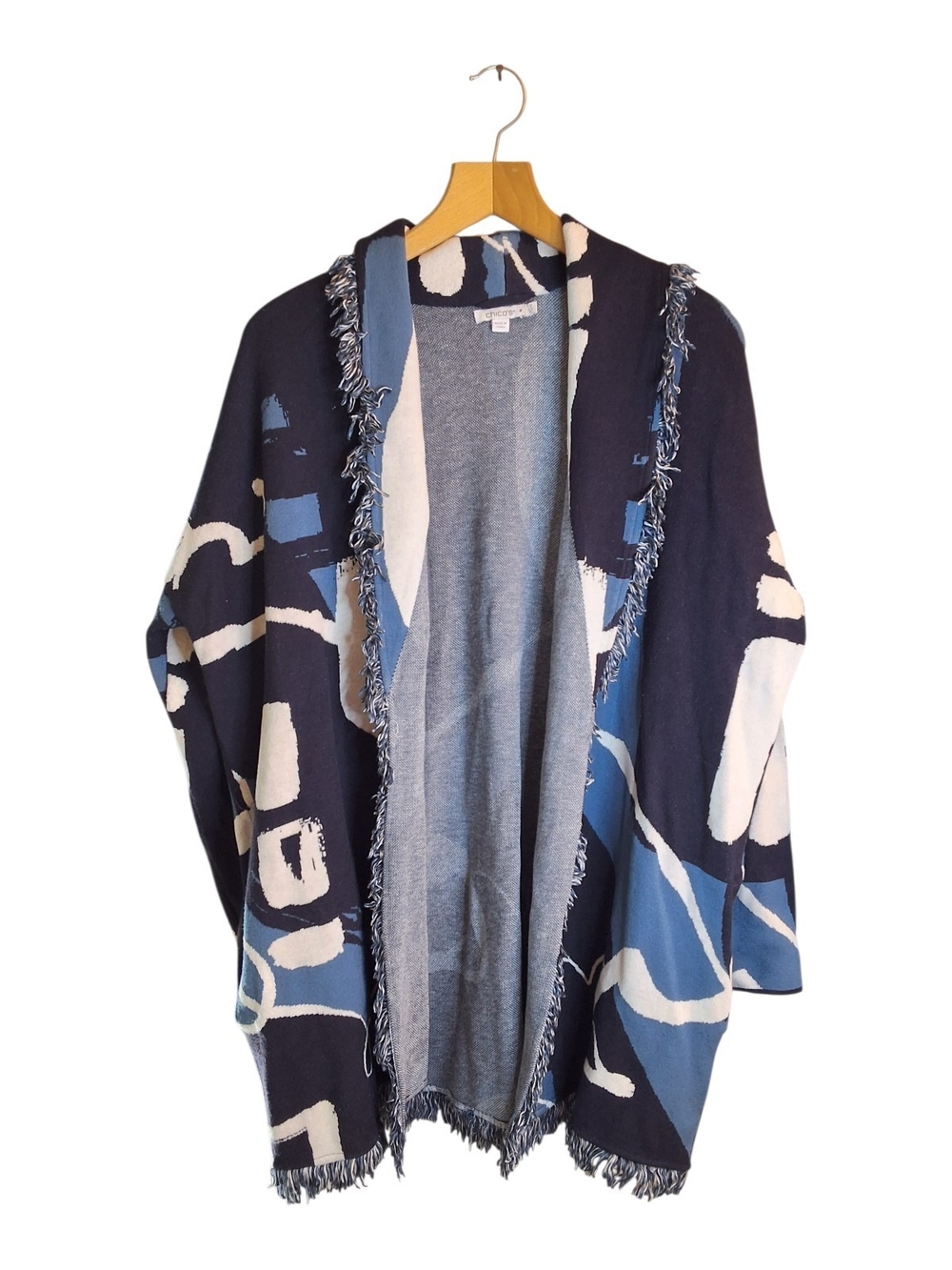 Chicos XL Abstract Navy & Blue Open-Front Women's Fringed Cardigan